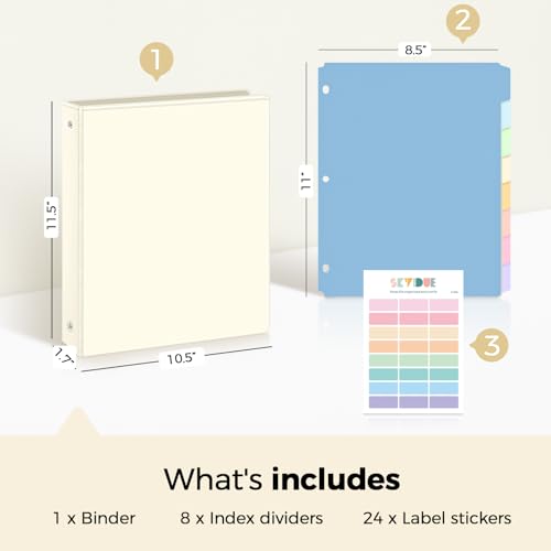 SKYDUE 1 Inch 3 Ring Binder with 8 Tab Dividers & 24 Labels, Pastel Binder