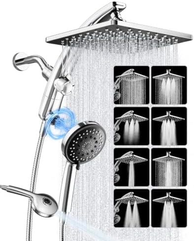 Veken 10" Square Shower Head with Handheld,8 Functions Rainfall,Power Wash