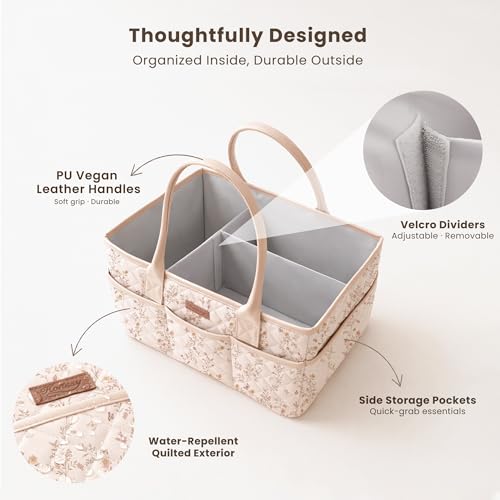 Konssy Baby Diaper Caddy Organizer, Floral Design with PU Leather Handles
