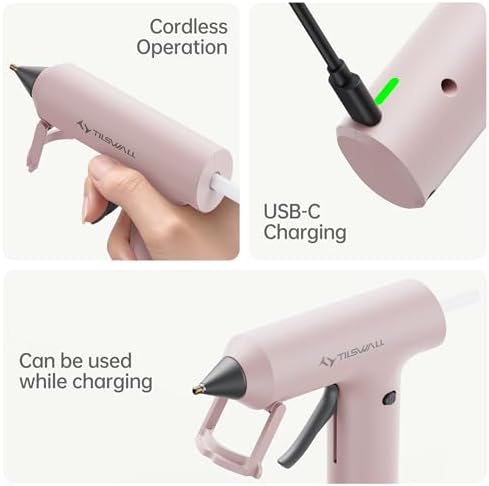 Tilswall Cordless Hot Glue Gun W106s with Rechargeable 2Ah Pink