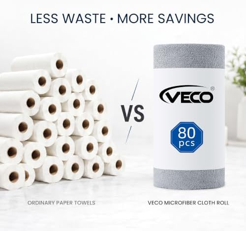 Veco Microfiber Cleaning Cloth Roll 80 PCS Gray, 12" x 12"