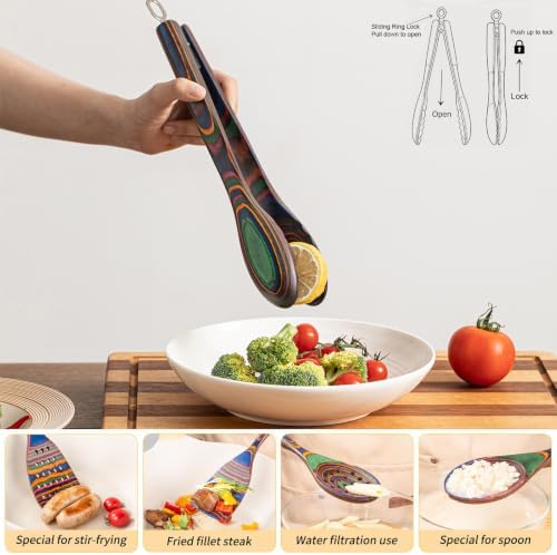 9-Piece Blue Pakkawood Cooking Utensil Set,Soup Ladle with Pour Spout and Wooden Tongs
