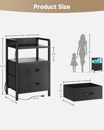 Nightstand with Rear Charging Station, LED Light, 2 Drawers, Black