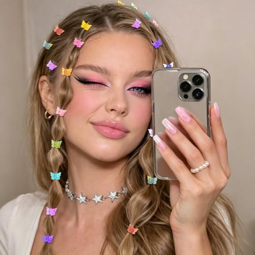 Mini Butterfly Hair Clips, Y2K 90s 50pcs Hair Accessories (Rainbow Plating)