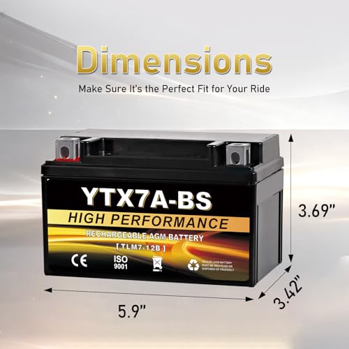 YTX7A-BS 12V 6Ah AGM Sealed Motorcycle Battery, Maintenance-Free, Compatible