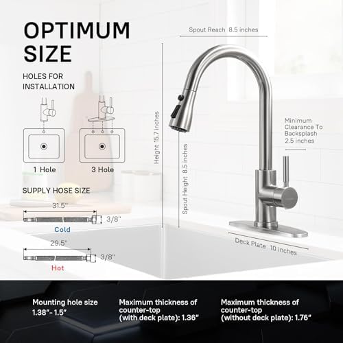 WEWE High-Arc Pull-Down Kitchen Faucet, Brushed Nickel, 3-Mode Sprayer