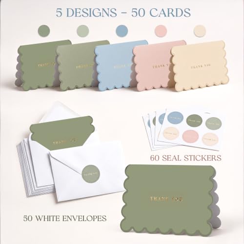 AUDREE Thank You Cards with Envelopes, Scalloped Gold Foil 50 Pack 3.5x5