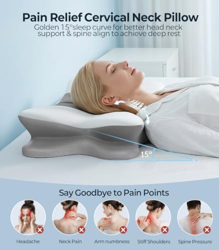 Cervical Neck Pillow for Pain Relief, Cooling Memory Foam(DarkGrey & White)