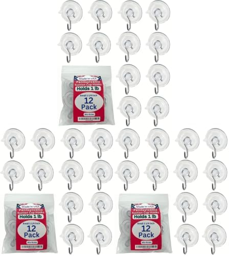 12 Pak Small 1 ¼ -inch (Made in Pennsylvania) Heavy Duty Suction Cup Hooks for Glass