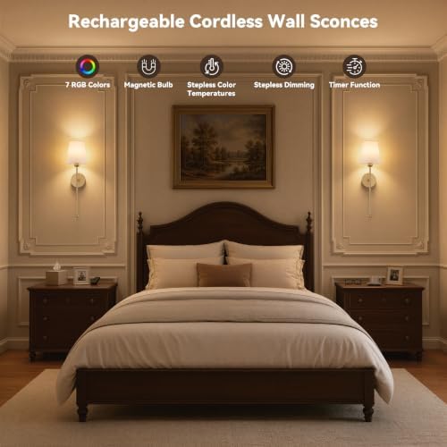 Battery Operated Wall Sconces, Gold, 2 Pack with Magnetic Bulbs,RF Remote