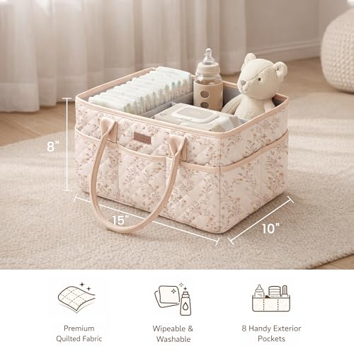 Konssy Baby Diaper Caddy Organizer, Floral Design with PU Leather Handles