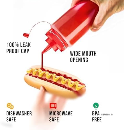 Norcalway 12 oz Condiment Squeeze Bottles for Sauces - Leak Proof Oil, Syrup