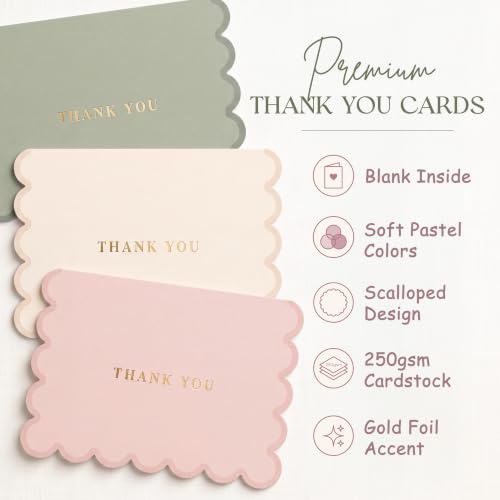 AUDREE Thank You Cards with Envelopes, Scalloped Gold Foil 50 Pack 3.5x5