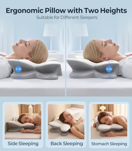 Cervical Neck Pillow for Pain Relief, Cooling Memory Foam(DarkGrey & White)