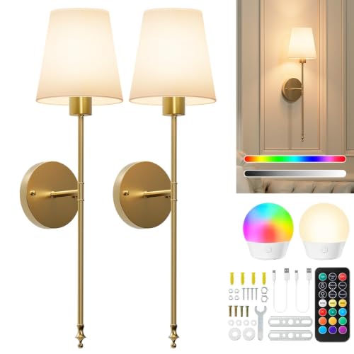 Brightown Battery Operated Wall Sconces Set of Two,Gold Sconces Wall Decor