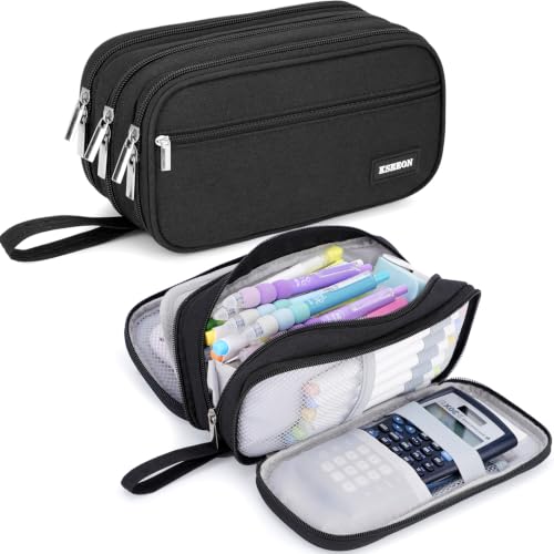Pencil Case Large Capacity, 3 Compartment Black Big Pen Pouch with Zipper
