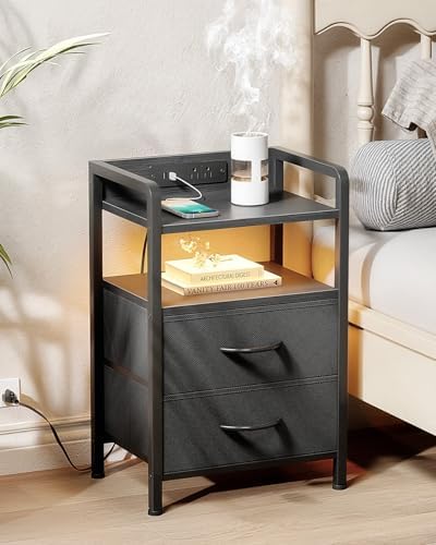 Nightstand with Rear Charging Station, LED Light, 2 Drawers, Black