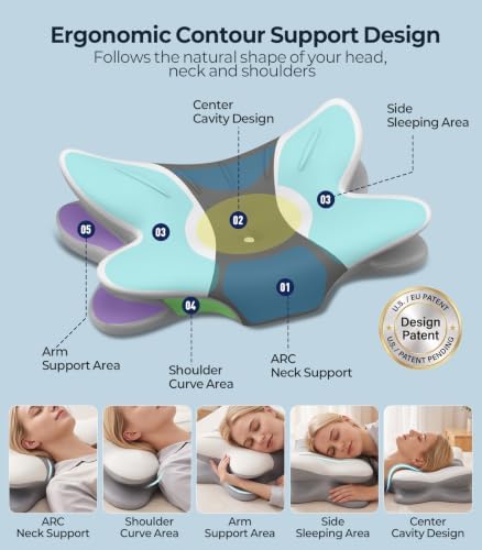 Cervical Neck Pillow for Pain Relief, Cooling Memory Foam(DarkGrey & White)