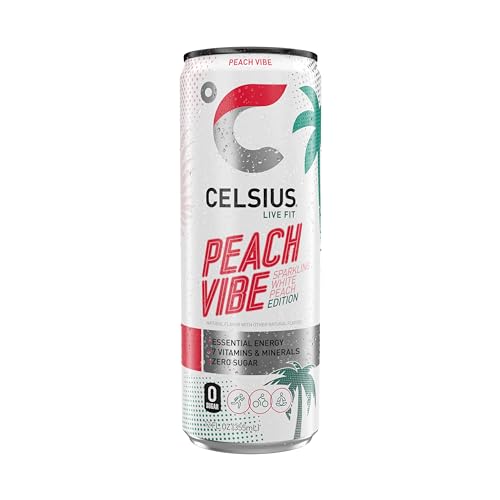 CELSIUS PEACH VIBE Sparkling White Peach, Sugar Free Energy Drink, 12 Fl Oz