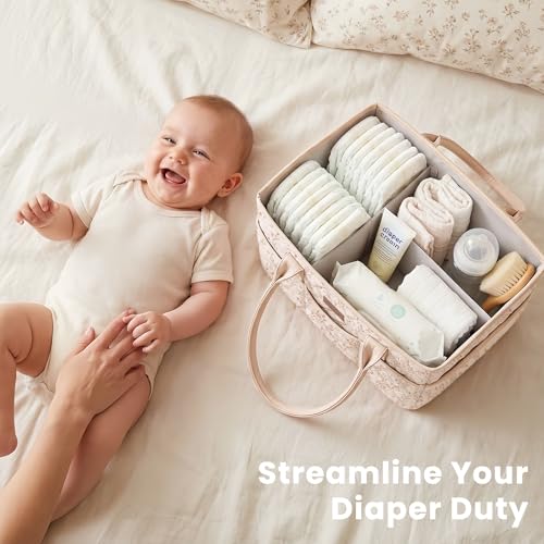 Konssy Baby Diaper Caddy Organizer, Floral Design with PU Leather Handles