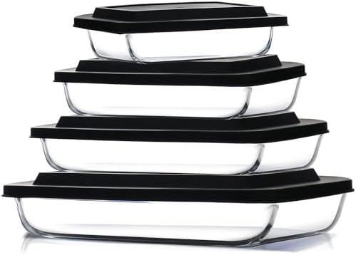 EATEX 8-Piece Deep Glass Casserole Dishes for Oven with Plastic Lids