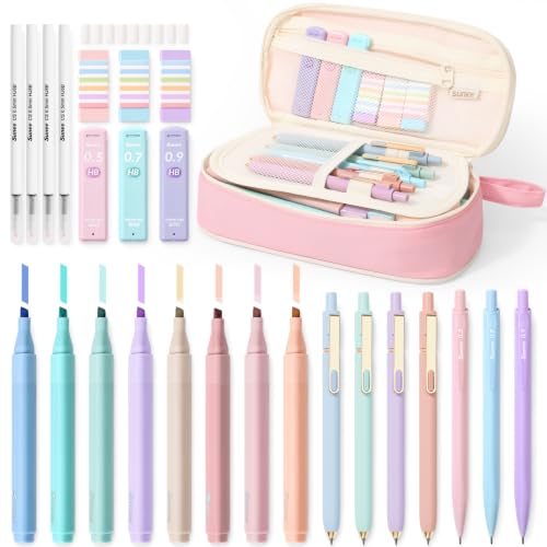 SUNEE Pencil Case with Supplies, 35PCS Aesthetic Stationery Set with Pastel