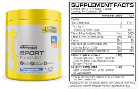 C4 Sport Pre Workout Powder with 135mg Caffeine, Blue Raspberry, 30 Serv