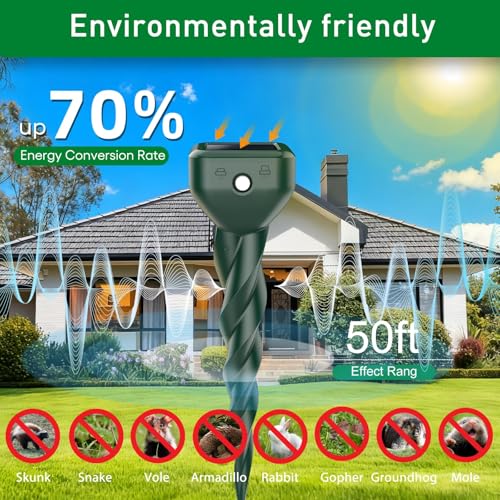 Mole Repellent Solar Powered, 4 Pack Snake & Skunk Repellent for Yard, IP 65
