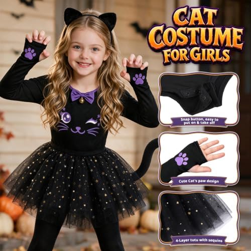 Halloween Black Cat Costume for Girls Kids, Light Up Outfit Set