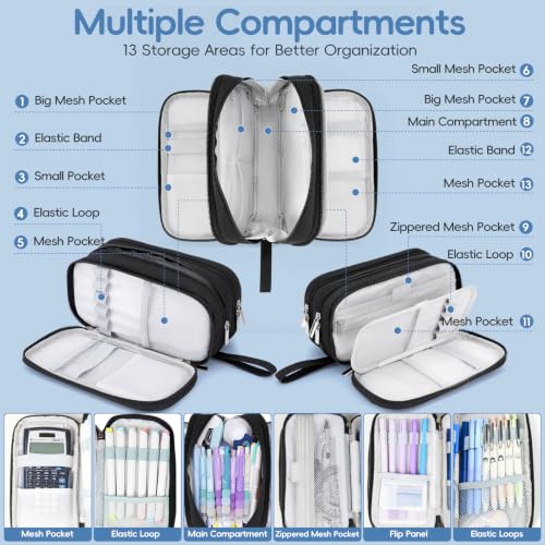 Pencil Case Large Capacity, 3 Compartment Black Big Pen Pouch with Zipper