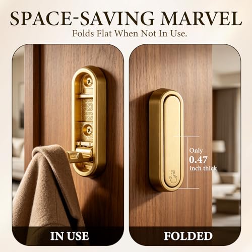 Folding Wall Hooks, 2 Pack Gold Heavy Duty Coat Hooks, Screw Mounted