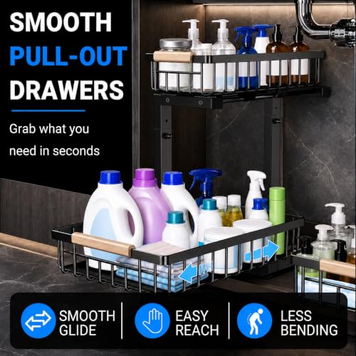 Under Sink Organizer 2 Pack, Double Slide Out Metal Shelf, Black