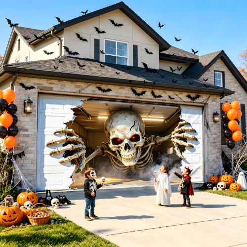 Halloween Garage Door Cover 16x7 FT, Realistic Garage Scene Design
