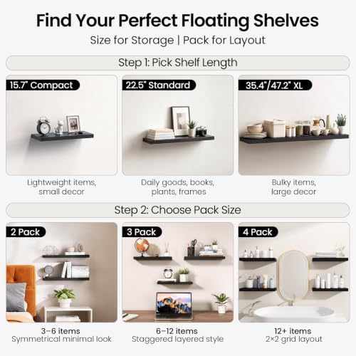 BAYKA Rustic Brown Floating Shelves 22.5in, Set of 2, Wall Mount Wood Shelf