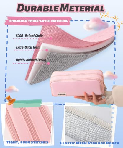 FAHZON Cute Pencil Case, 3 Large Compartments Pencil Pouch, Elastic Pen