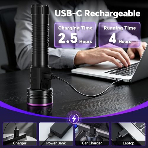 365nm 5xLED Blacklight UV Flashlight Rechargeable Powerful UV Light