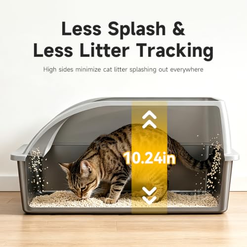 XL Open Top Stainless Steel Litter Box with High Sides,Light Gray