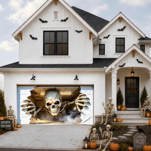 Halloween Garage Door Cover 16x7 FT, Realistic Garage Scene Design