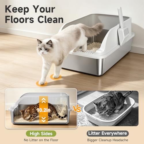 Stainless Steel Cat Litter Box with Lid, XL Metal High Sided Litter Box