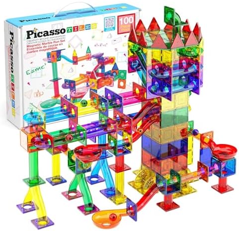 PicassoTiles 100 Piece Marble Run Magnetic Tiles Race Track STEM Ages 3+