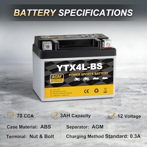 YTX4L-BS Motorcycle Battery 12V 3Ah, 70 CCA Sealed AGM Rechargeable