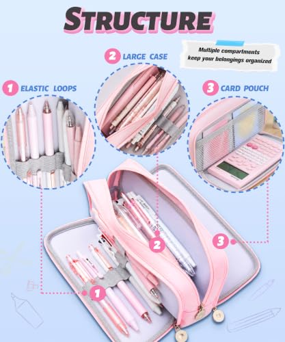 FAHZON Cute Pencil Case, 3 Large Compartments Pencil Pouch, Elastic Pen