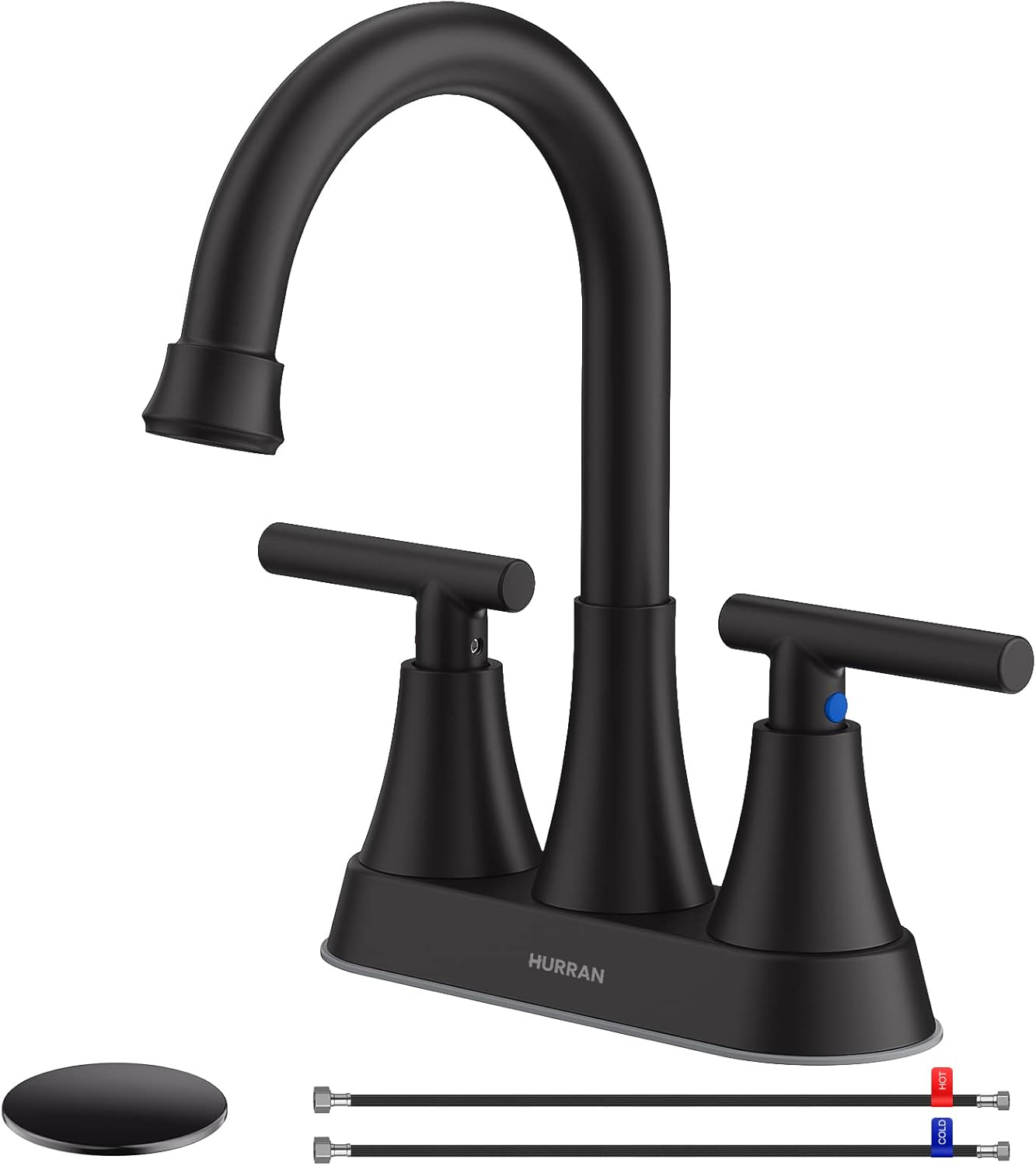 Bathroom Faucets for Sink 3 Hole, Hurran 4 inch Matte Black with Pop-up Drain