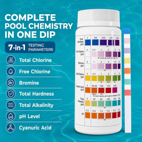 7 in 1 Pool Test Strips (150 Strips) - Easy to Use Water Testing Kit for