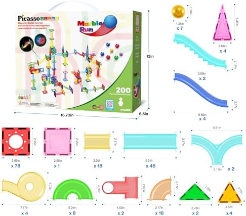 PicassoTiles 200 PCS Picasso Tiles Marble Run LED Race Track Set Ages 3+
