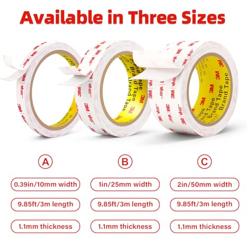 3M Double Sided Tape,1in X 9.85ft Heavy Duty Removable Mounting Tape
