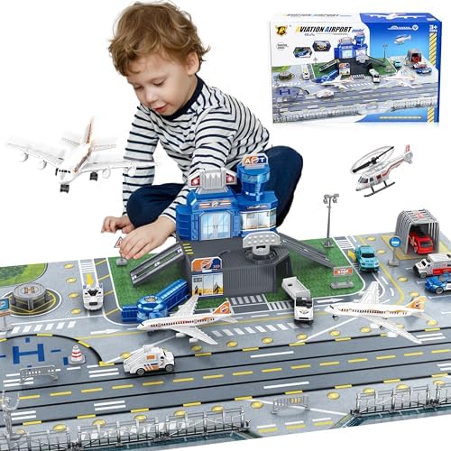 XDUOYJOY Airplane Toy Set with Trucks, Helicopter, Planes, Airport Playmat