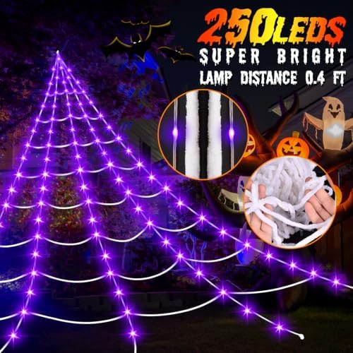 Halloween Decorations Outdoor, 250 LED Halloween Giant Spider Web Lights