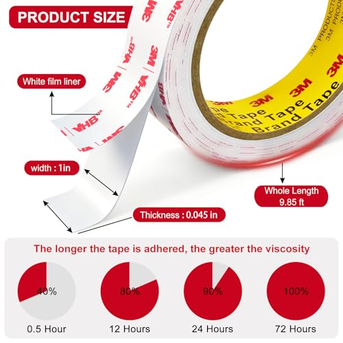 3M Double Sided Tape,1in X 9.85ft Heavy Duty Removable Mounting Tape