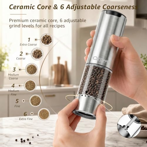 Electric Salt and Pepper Grinder Set Type-C Charging, 6 Levels, LED Light